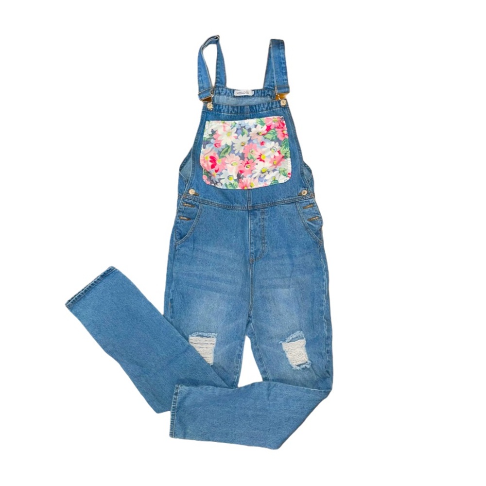 MissLook floral distressed denim overall jumpsuit